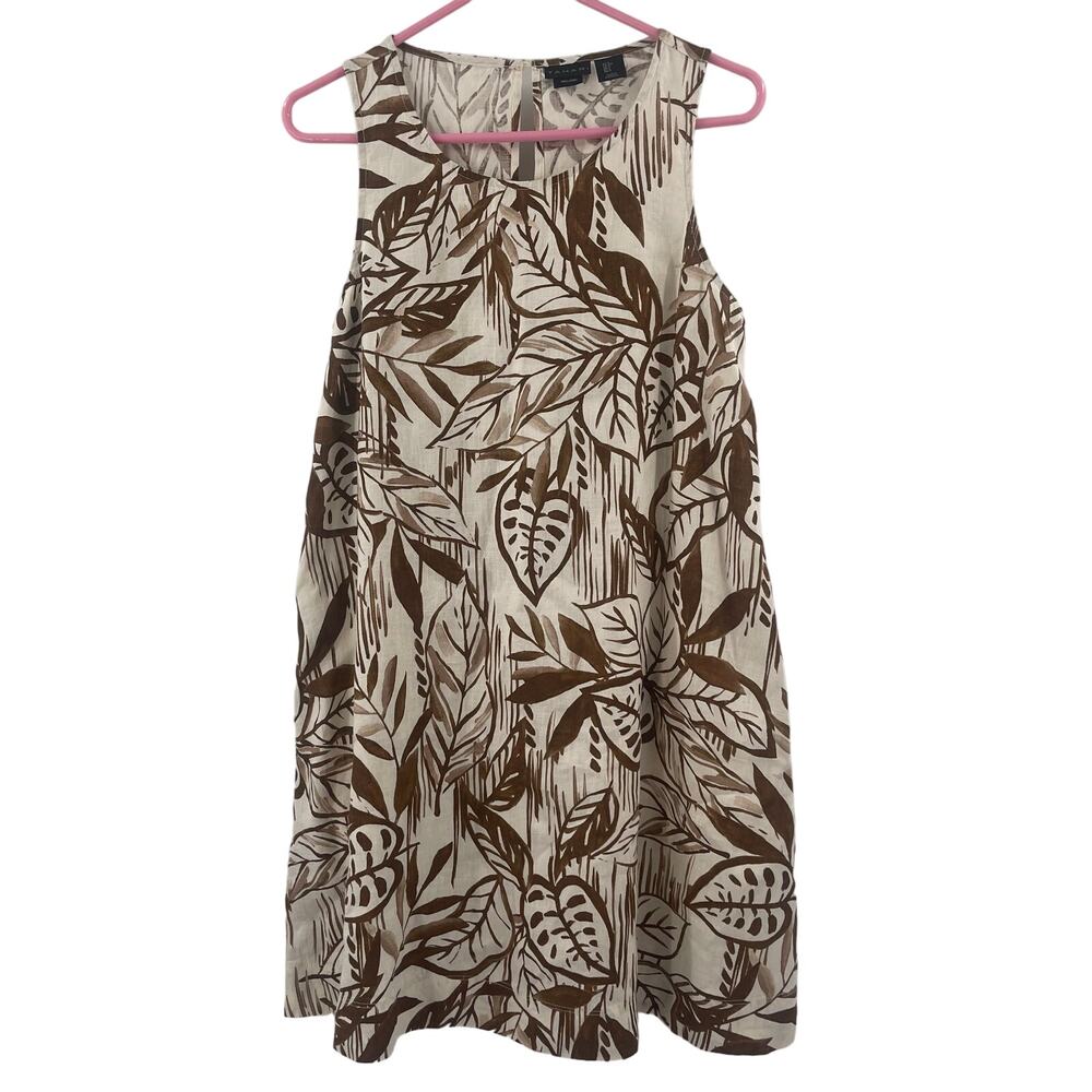 TAHARI Dress Size Small 100% Linen Sleeveless Shift Tropical Leaves Lightweight